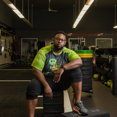 Slow AF Run Club founder Martinus Evans working out with his trainer Jarelle Parker at Performance Gaines in Palo Alto, CA.